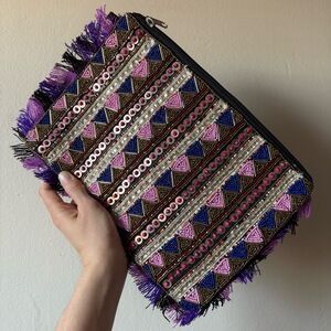 Womens Clutch or iPad Holder Boho Geometric Fringe Heavily Beaded